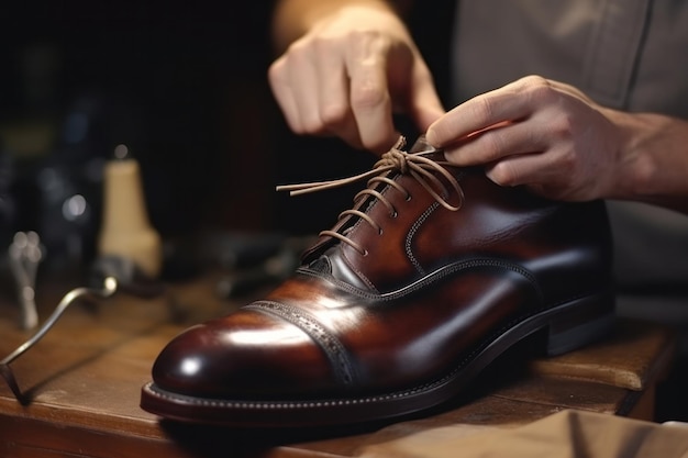 Craftsmanship in Action Shoemaker Tending to Classic Footwear in Workshop Offering Shine Service Preseason Prep CloseUp of Brush Care ProductsxA