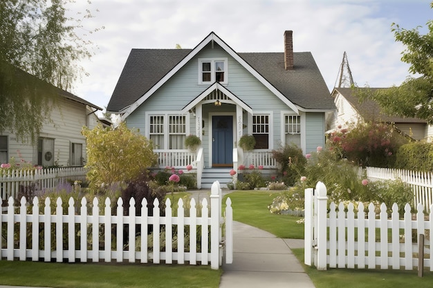 Craftsmanstyle house with pebble walkway and white picket fence