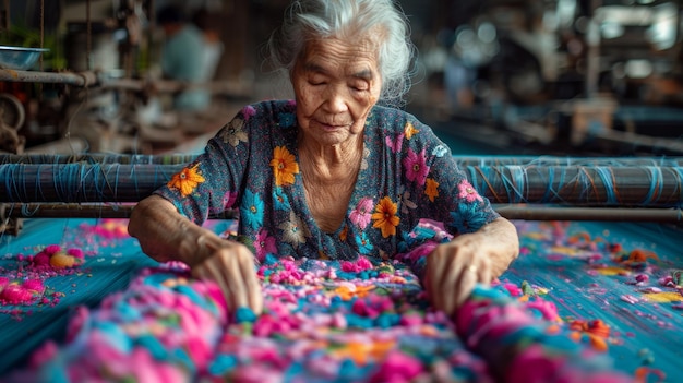 Photo craftsmen made of indigo cotton an elderly woman examines a cotton thread local artisans have been weaving indigo cotton for generations