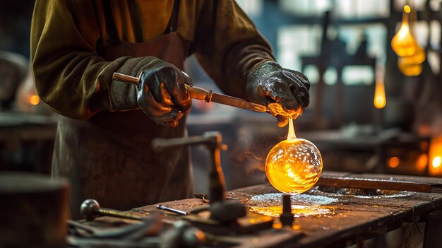 Craftsperson manipulating molten glass with tongs