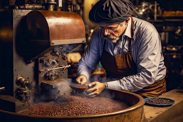 Craftsperson observing freshly roasted coffee beans food and drink production