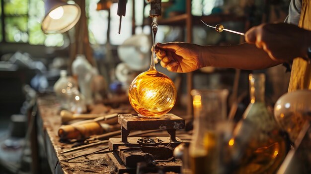 Photo craftsperson at work in a glass studio using a metal rod to hold and mold a hot glass piece into a