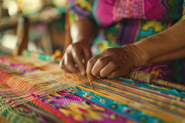 Craftswoman weaves colorful fabric with skillful precision