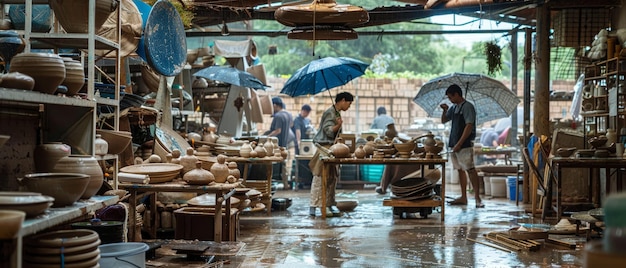 기발 한 우산 과 점토 의 창조물 들 비가 오는 날 에 도자기 작업장 에서 예술적 인 헌정