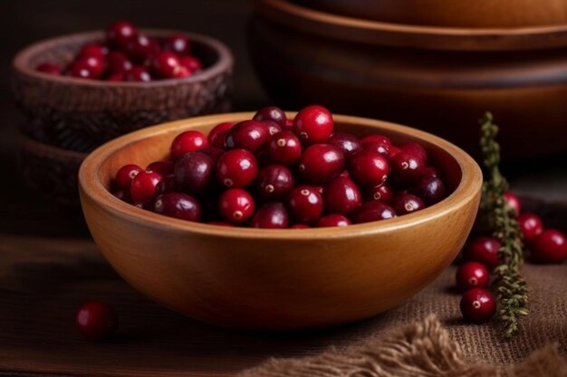 Cranberries in a bowl with one of them in the background