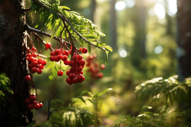 Cranberries on a bush in a summer sunny forest