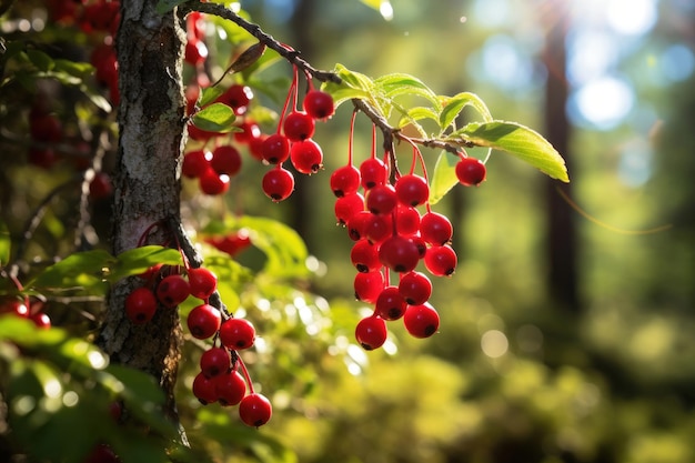 Cranberries on a bush in a summer sunny forest