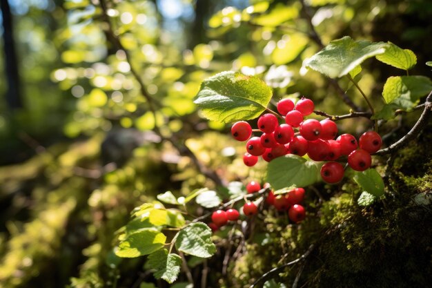 Cranberries op een struik in een zomer zonnig bos