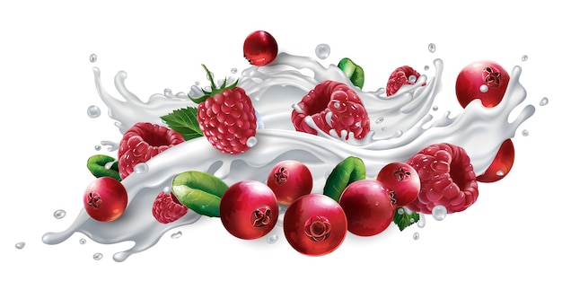 Cranberries and raspberries in a milk or yogurt splash isolated on white background