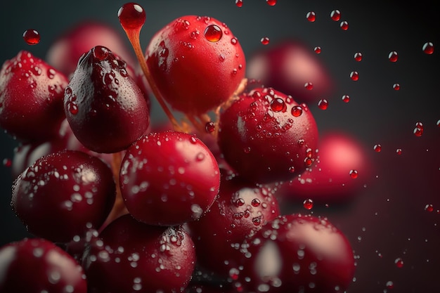 Cranberries with drips of red color macro backdrop in closeup