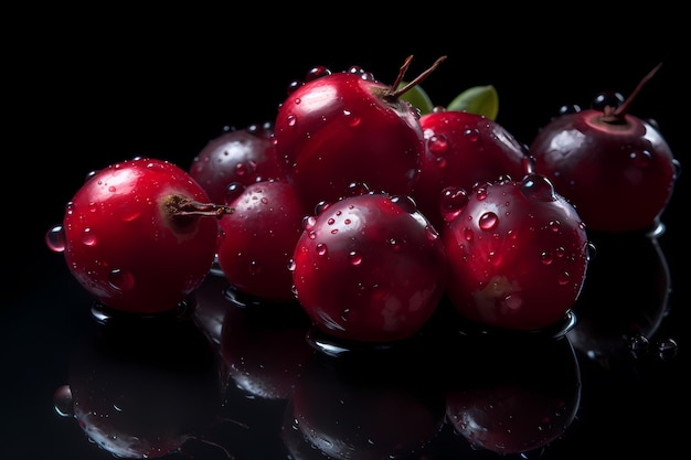 Cranberries with water drops on a black background