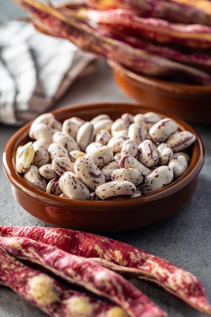 Cranberry beans Borlotti beans in bowl Beans pods