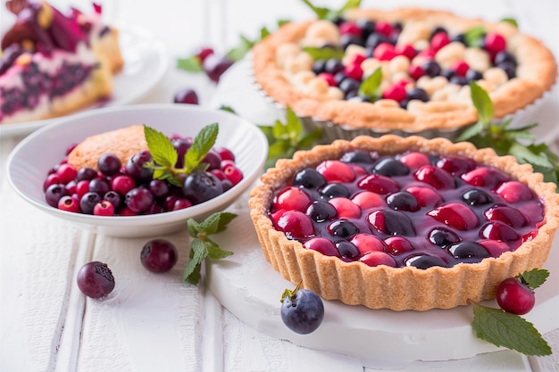 Foto cranberry bilberry custard piecake met verse bessen en muntbladeren op een witte houten achtergrond
