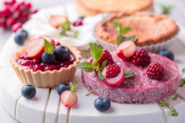 Cranberry bilberry custard tart piecake with fresh berries and mint leaves on a white wooden background