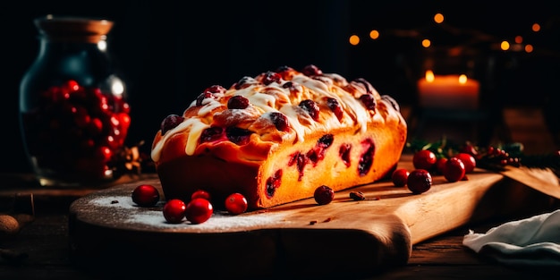 A cranberry bread with a candle behind it