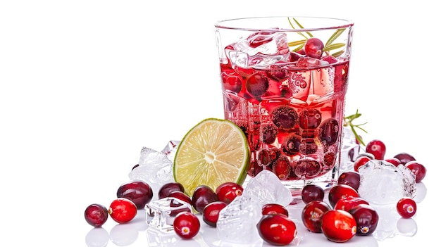 Cranberry cocktail with ice cubes and lime in glass