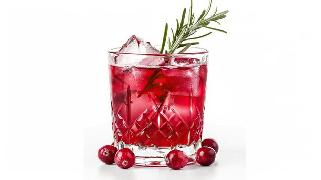 Cranberry cocktail with ice and rosemary in glass on white