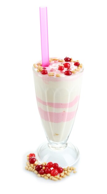 Cranberry milk dessert in glass, isolated on white