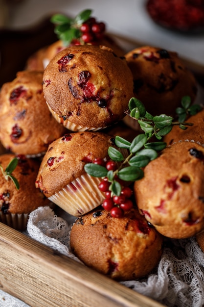 Cranberry muffins with fresh berries on rustic background