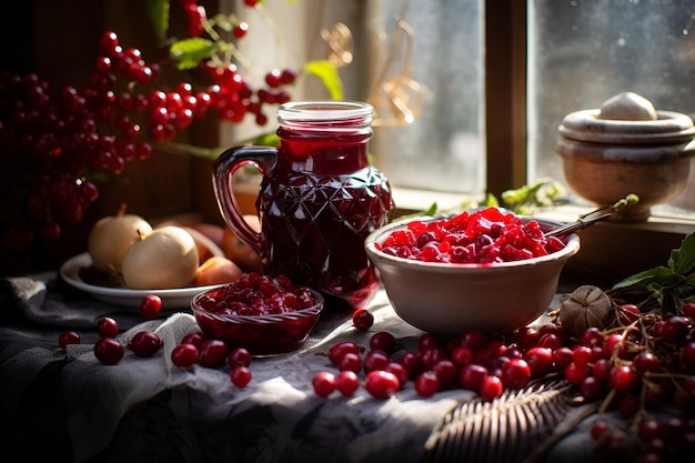 Cranberry sauce in a glass and scattered berries on a wooden table Thanksgiving concept