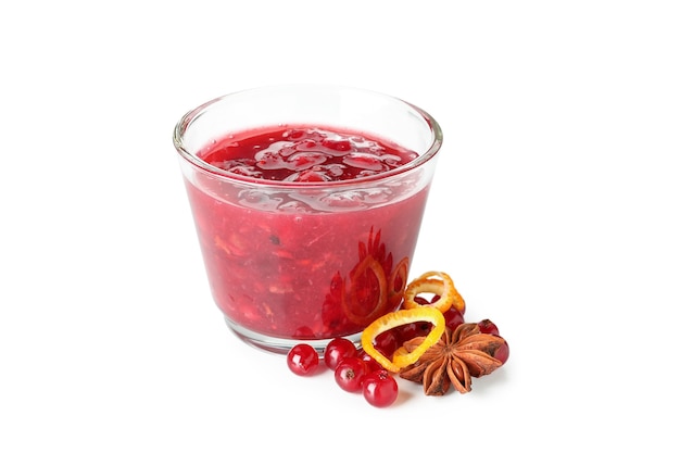 Cranberry sauce and ingredients isolated on white background