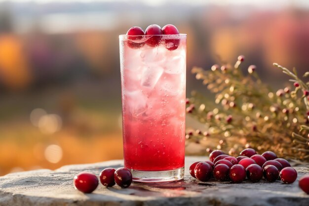 A cranberry spritzer garnished with fresh cranberrie