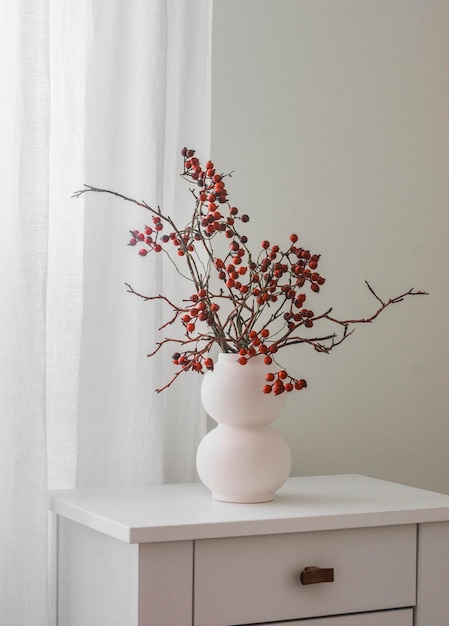 Cranberry takken in een witte keramische vaas in Scandinavische stijl op een witte houten kast