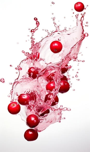 Foto cranberry con spruzzi d'acqua su sfondo bianco