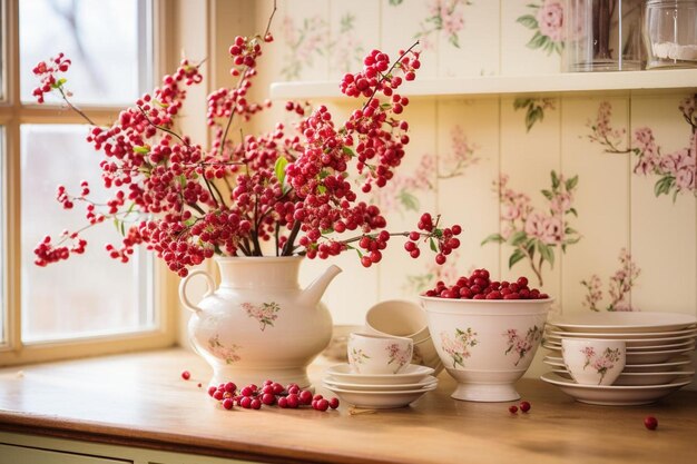 Photo cranberrythemed wallpaper in a cozy kitchen cranberry picture photography