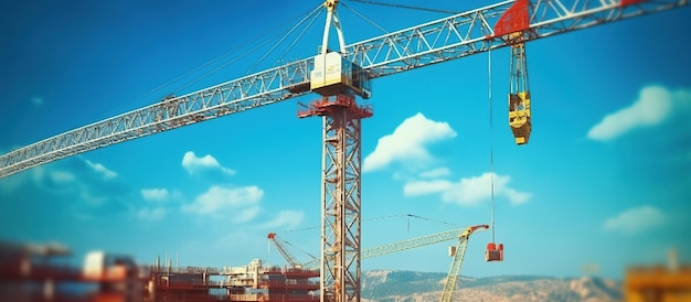 Crane and building construction site against blue sky