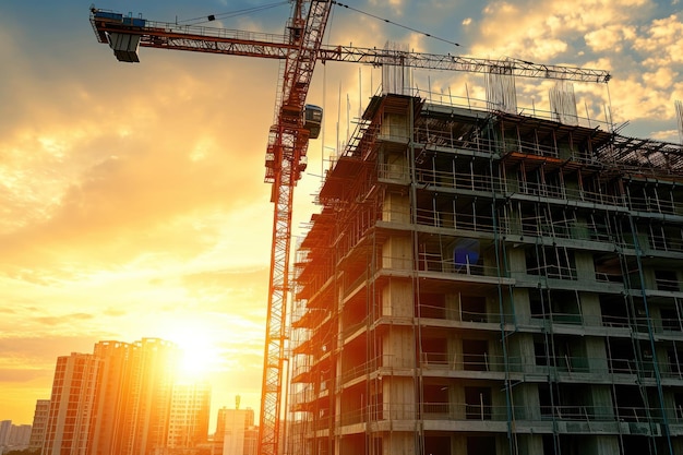 Crane and building with sunset background