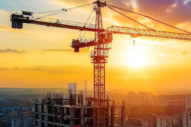 Photo crane and building with sunset background