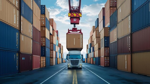 crane car move and carry container box from container stack loading to truck in container box depos