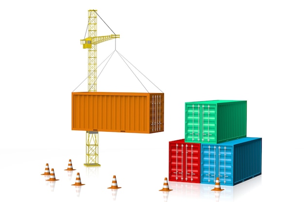 Кран и грузовые контейнеры 3D иллюстрация