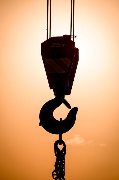 Crane hook on a sunset background.