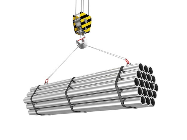 Crane Hook with Stack of Steel Metal Tubes