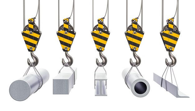 Photo crane hooks with metallurgical products rolled metals 3d rendering