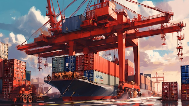 Crane lifting heavy cargo into a shipping container at a bustling port symbolizing global trade and commerce Generative ai