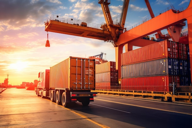 crane loading cargo container from truck to container ship in the international terminal logistic sea port