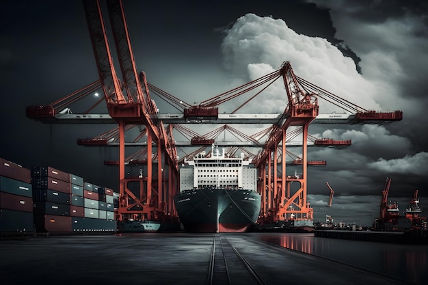 Crane loading cargo container import container ship in the international terminal logistic sea port concept freight shipping Neural network generated art