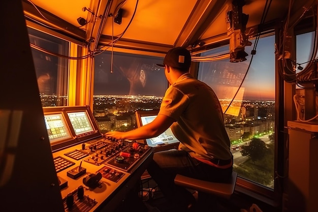 A crane operator inside the cab on a construction site during the evening Generative AI