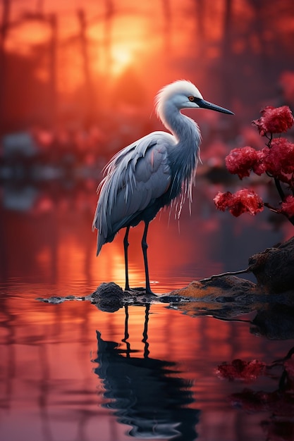 A crane stands alone by the lake AI generative