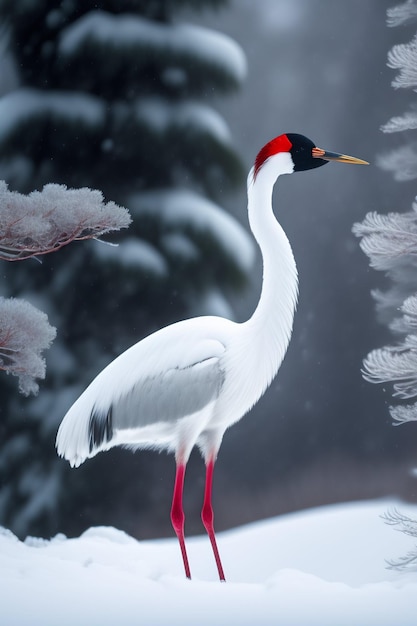 A crane stands in the snow in winter.