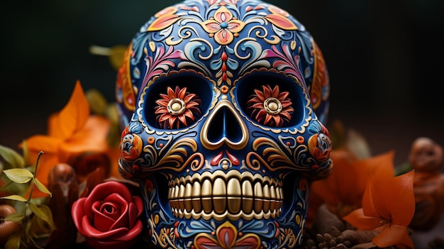 Photo craneo de azucar decorado con rosas y dulces de muchos colores para el dia de muertos