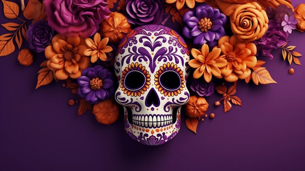 Craneo pintado para el dia de los muertos sobre un fondo morado lleno de flores