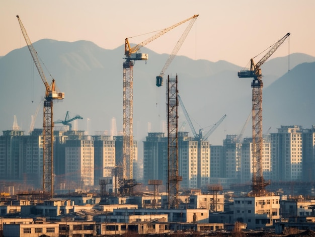 Cranes are standing in the middle of a city with a mountain in the background generative ai