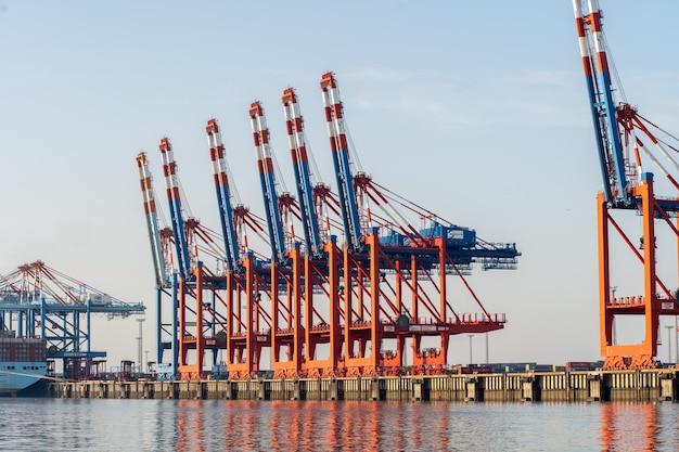 Cranes at harbor against sky