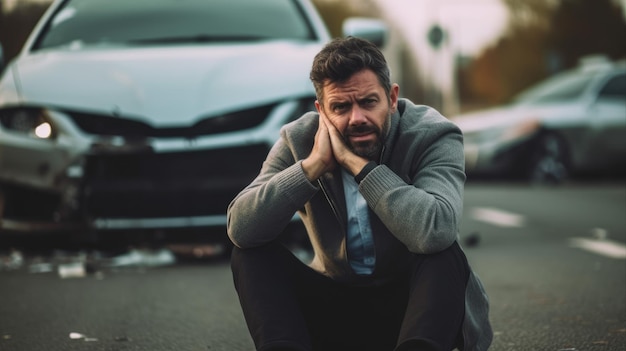 Crash car and thoughtful man