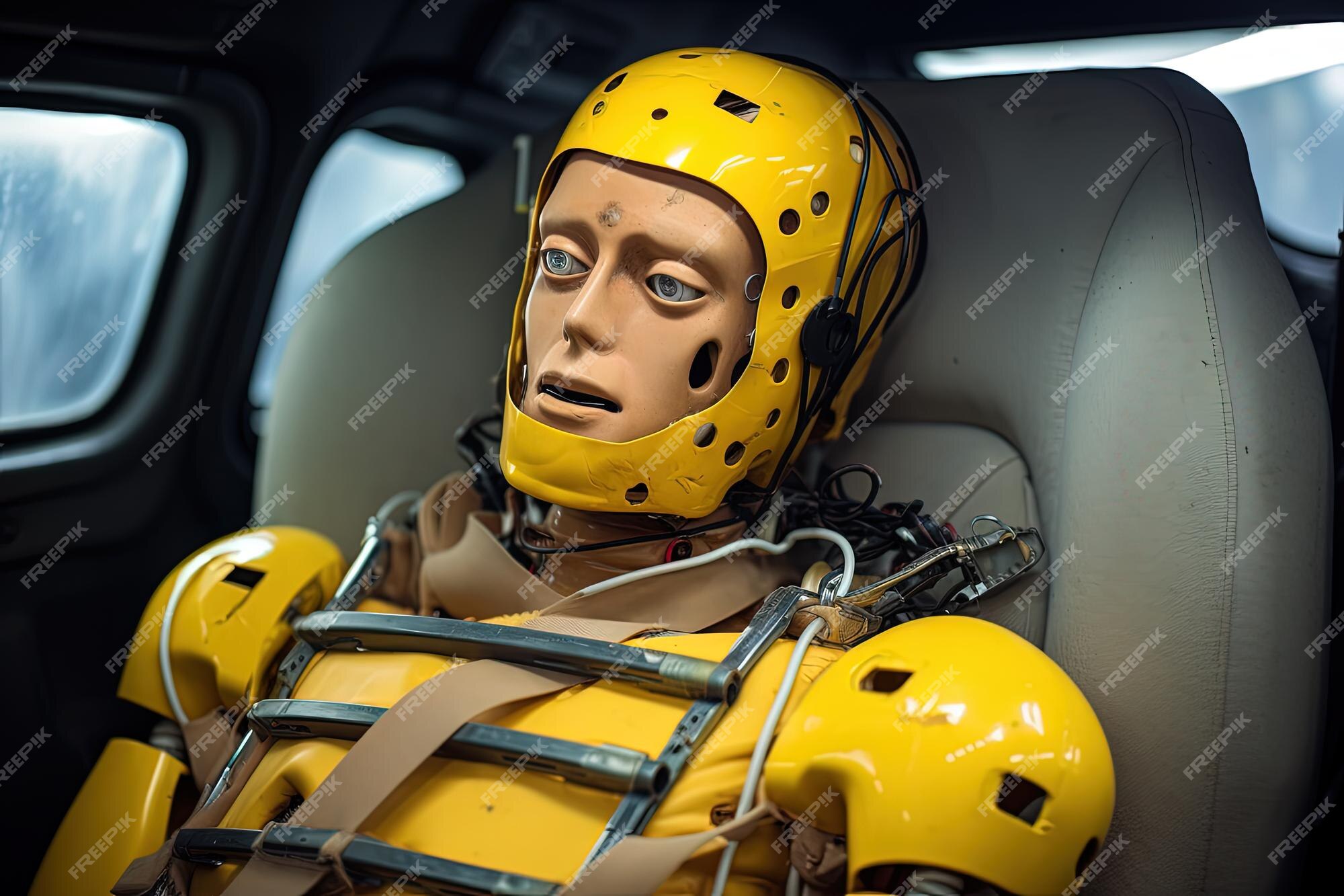 Premium AI Image Crash test dummy in a car after test Premium AI Image Crash test dummy in a car after test
