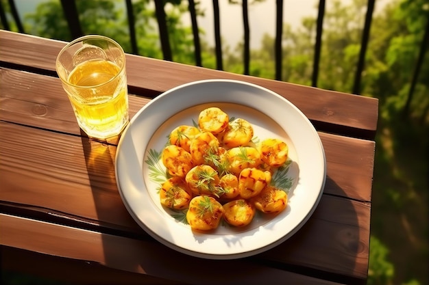 Crashed Hot Smashed Potato and Ice Tea for Brunch on the Wooden Table with Nature Background